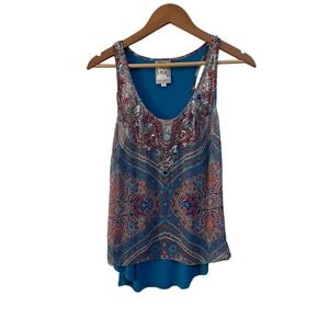 YOANA BARASCHI Beaded Paisley Print Tank Top Women's Size Small Blue